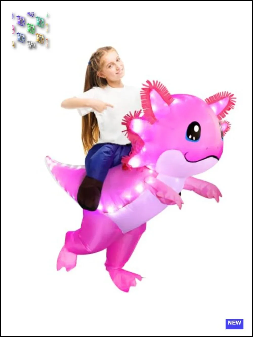 Inflatable Axolotl Costume for Kids with LED Lights, Ride-On Blow Up Halloween